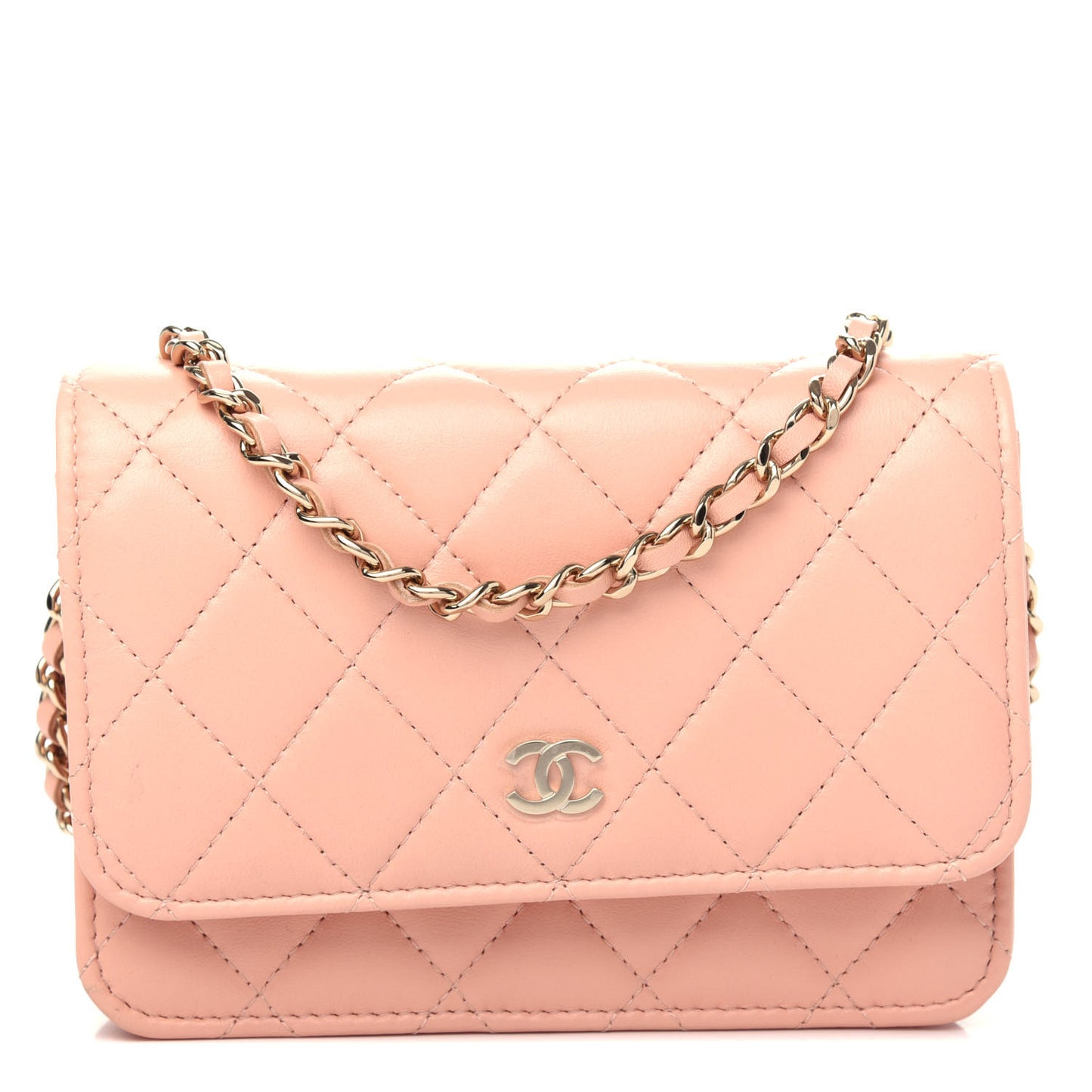 Lambskin Quilted Mini Wallet On Chain WOC Light Pink