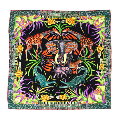 Hermes Silk La Marche Du Zambeze Scarf 90 Black Corail Vert 1 of 5