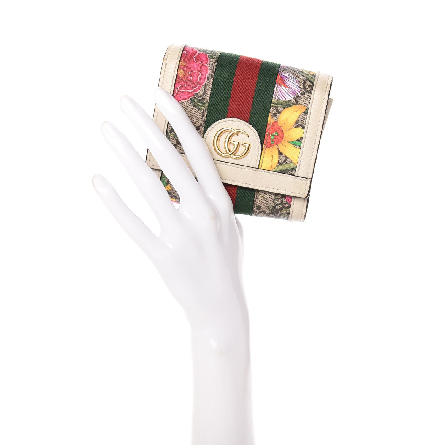 Gucci GG Supreme Monogram Flora Textured Calfskin Web Ophidia Card Case Wallet Beige Ebony Multicolor Mystic White 2 of 7