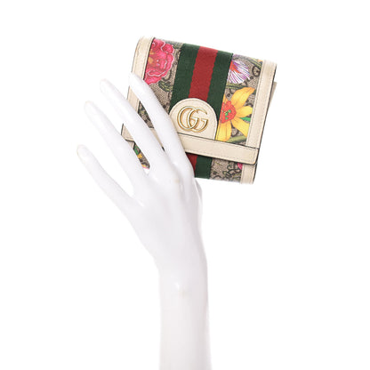 Gucci GG Supreme Monogram Flora Textured Calfskin Web Ophidia Card Case Wallet Beige Ebony Multicolor Mystic White 2 of 7
