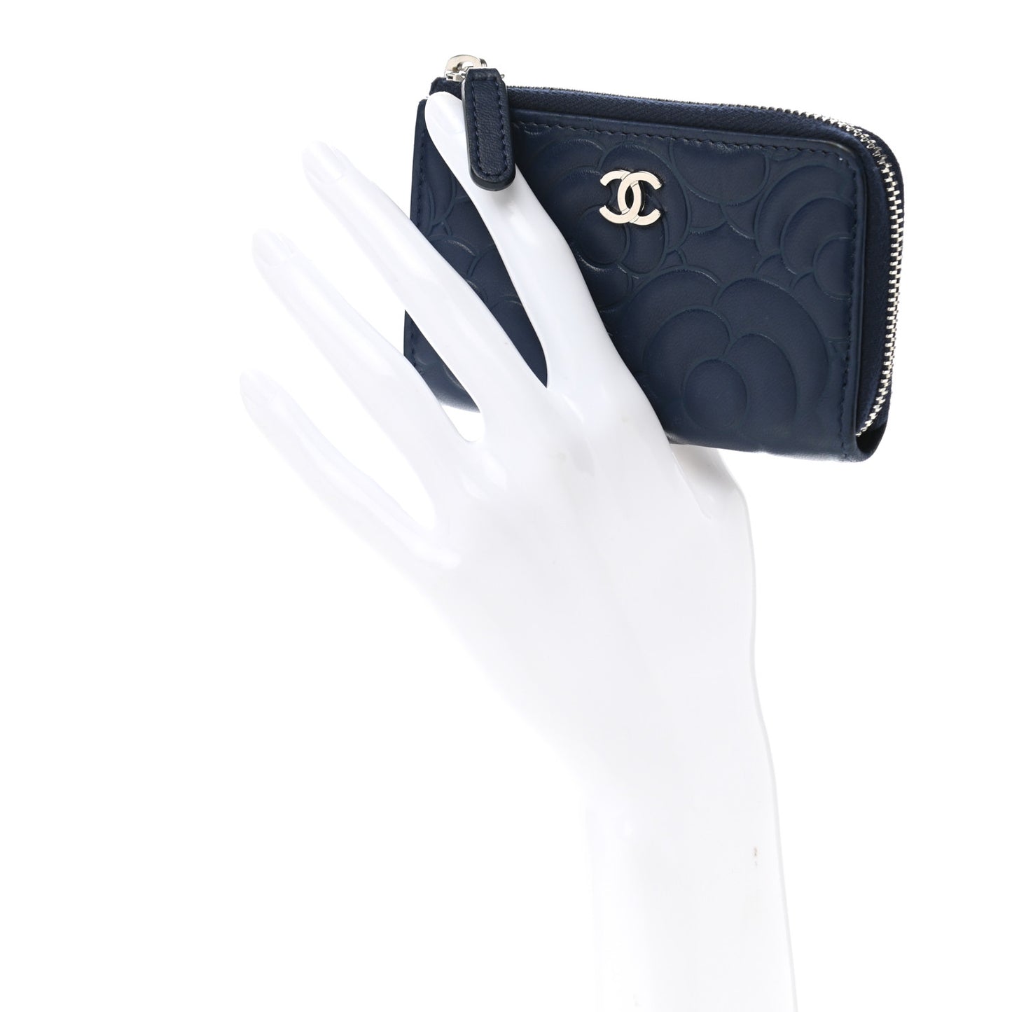 Lambskin Camellia Embossed Key Holder Case Navy