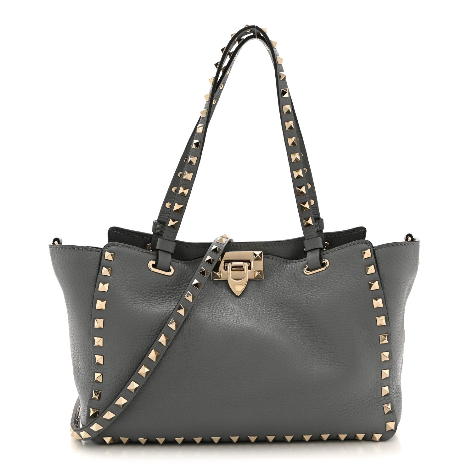 Valentino Garavani Pebbled Calfskin Small Rockstud Tote Light Stone 1 of 11