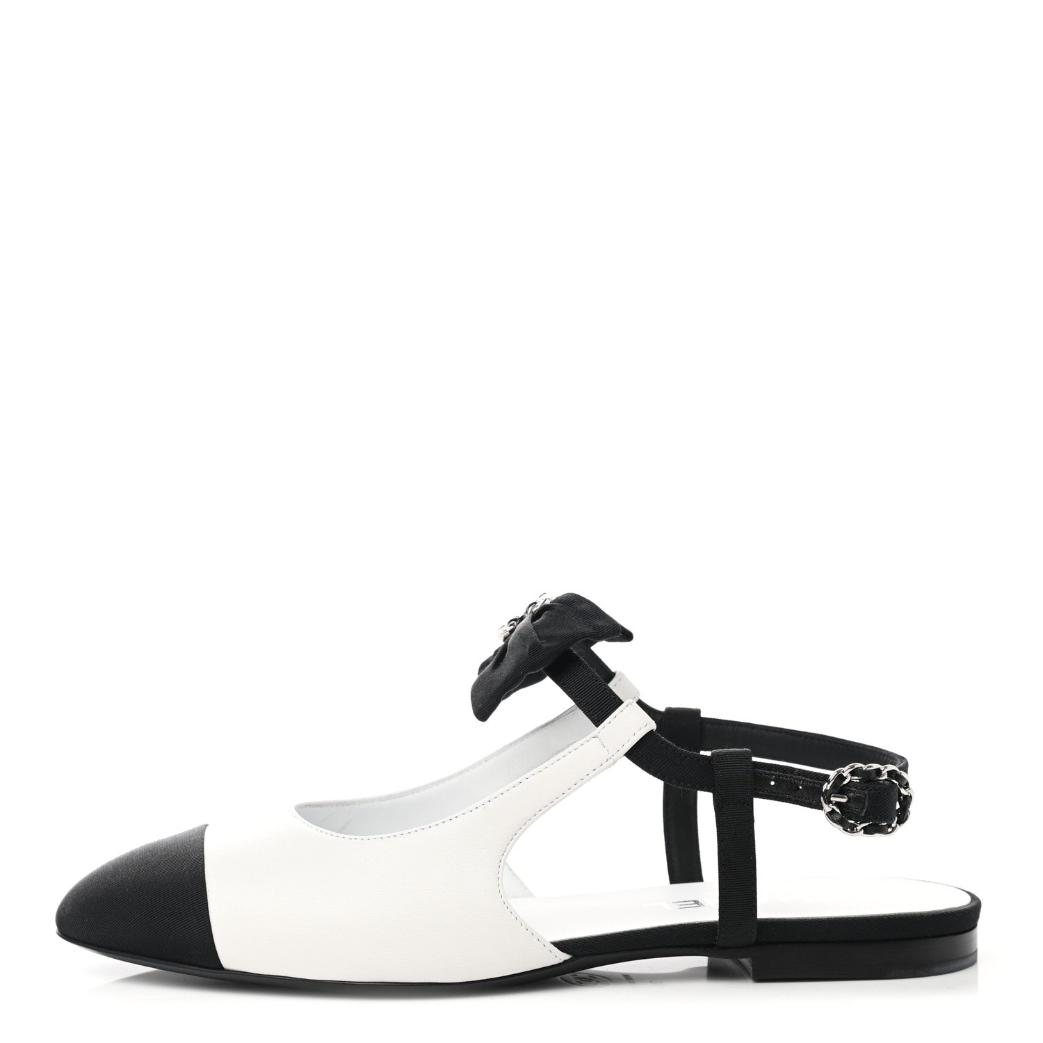 Chanel Lambskin Grosgrain Crystal Chain CC Logo Bow Slingback Flats 38 White Black 1 of 9