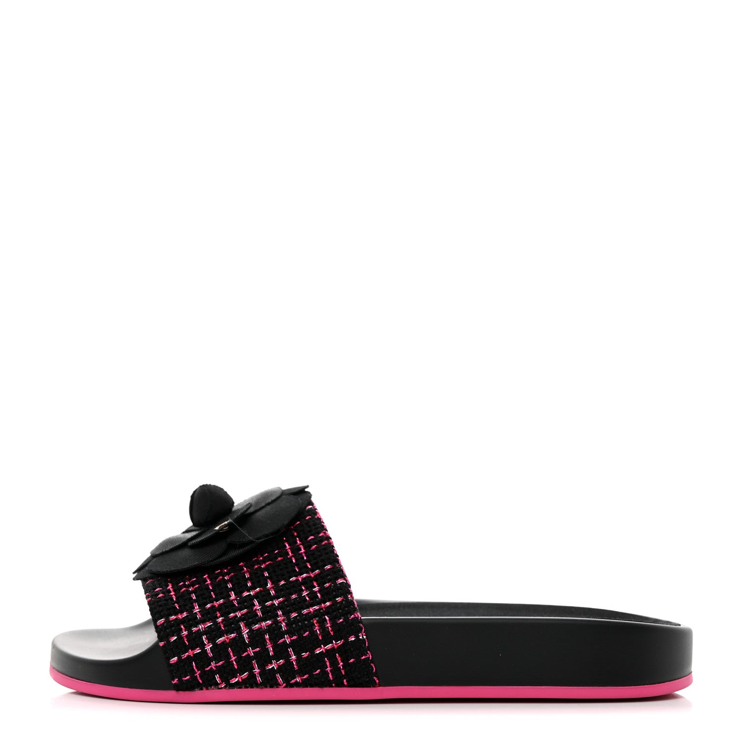 Chanel Tweed Grosgrain Camellia CC Flat Mules 35 Black Pink 1 of 8
