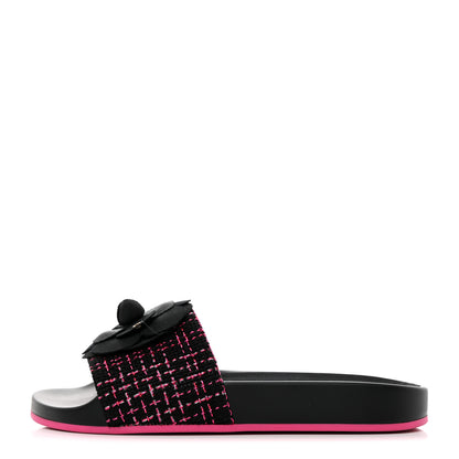 Chanel Tweed Grosgrain Camellia CC Flat Mules 35 Black Pink 1 of 8