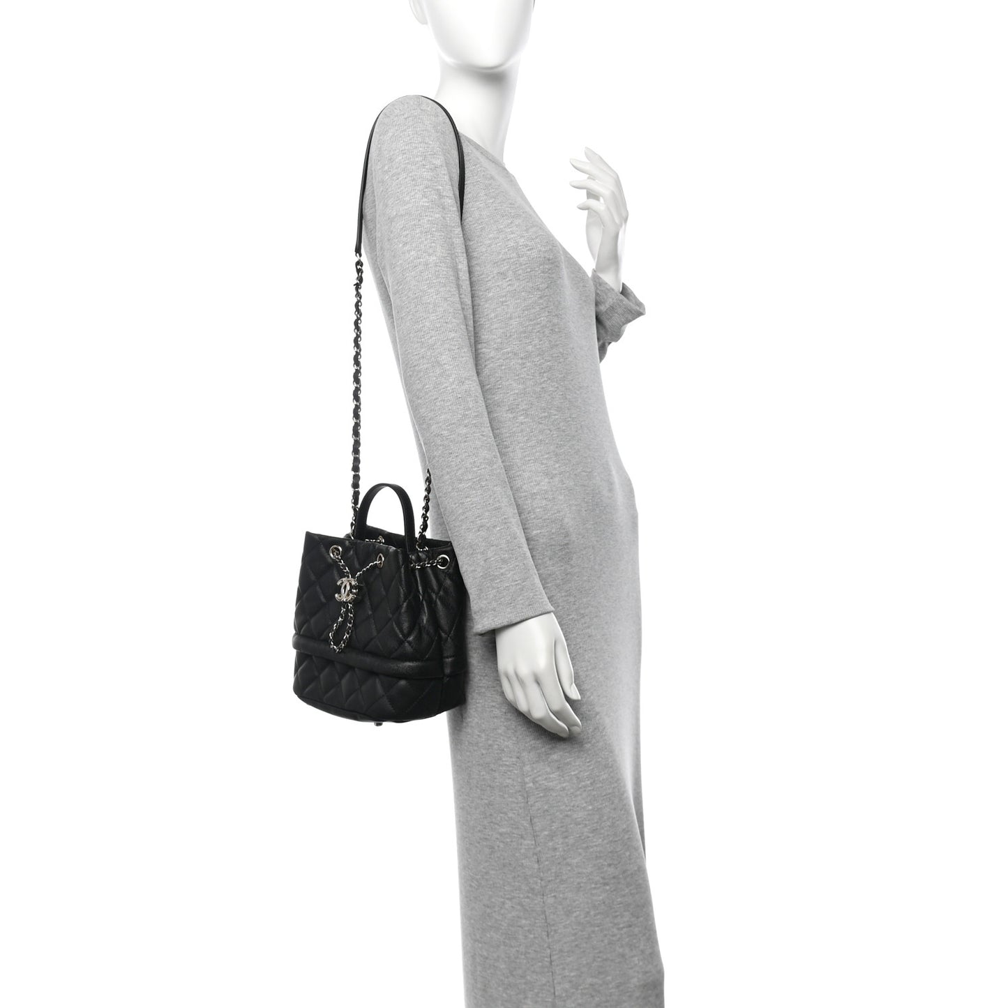 Caviar Quilted Rolled Up Bucket Drawstring Bag Black