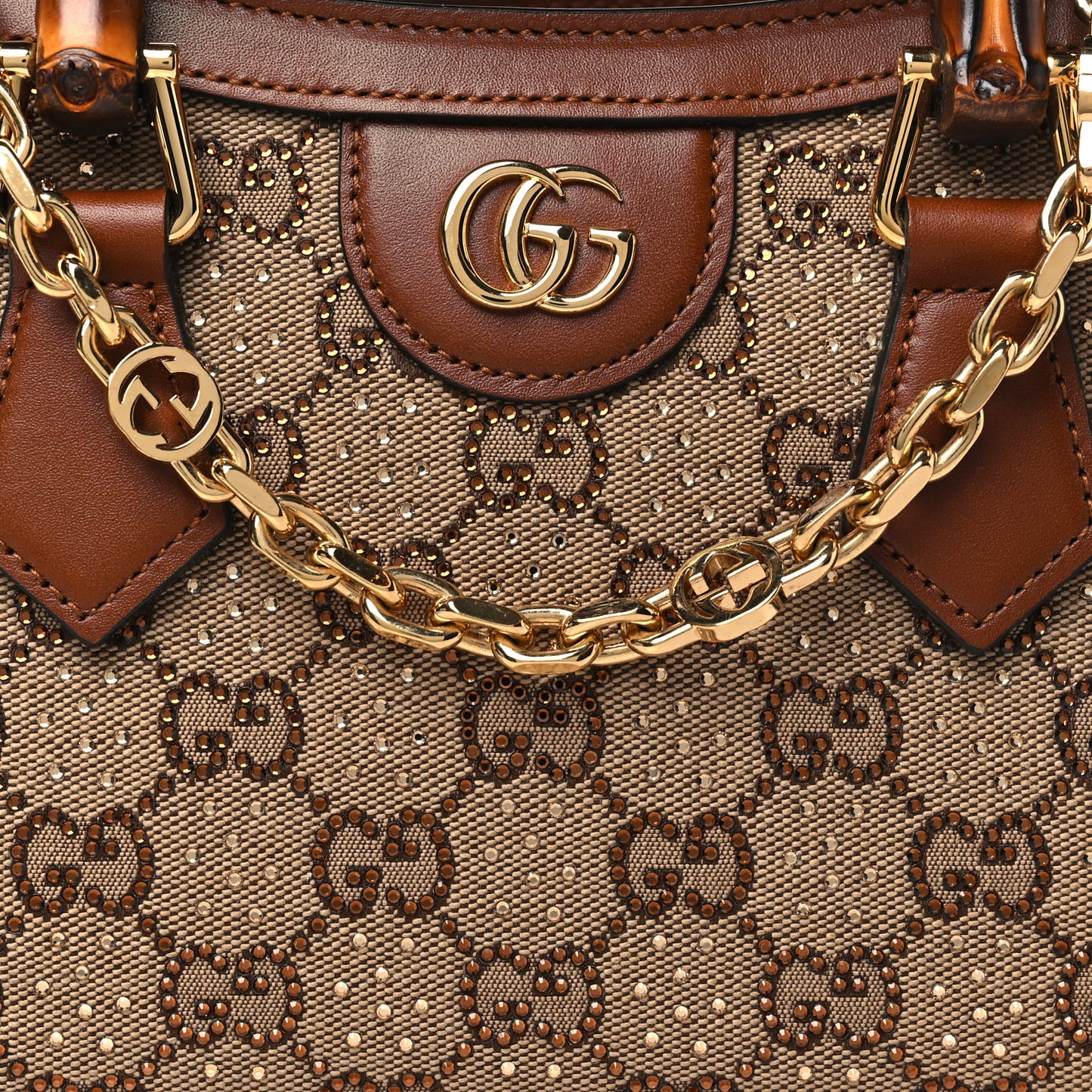 New Canvas Charisma Calfskin Crystal GG Monogram Mini Diana Tote Bag Camel Ebony