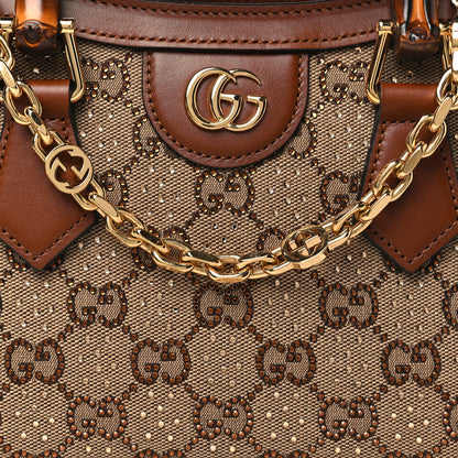 Gucci New Canvas Charisma Calfskin Crystal GG Monogram Mini Diana Tote Bag Camel Ebony 8 of 10