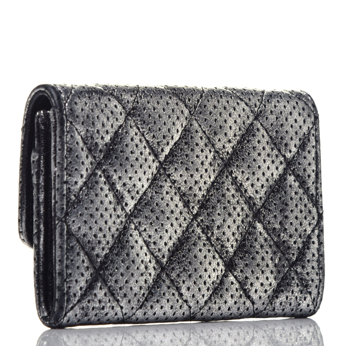 Metallic Calfskin Perforated Quilted Card Holder Grey