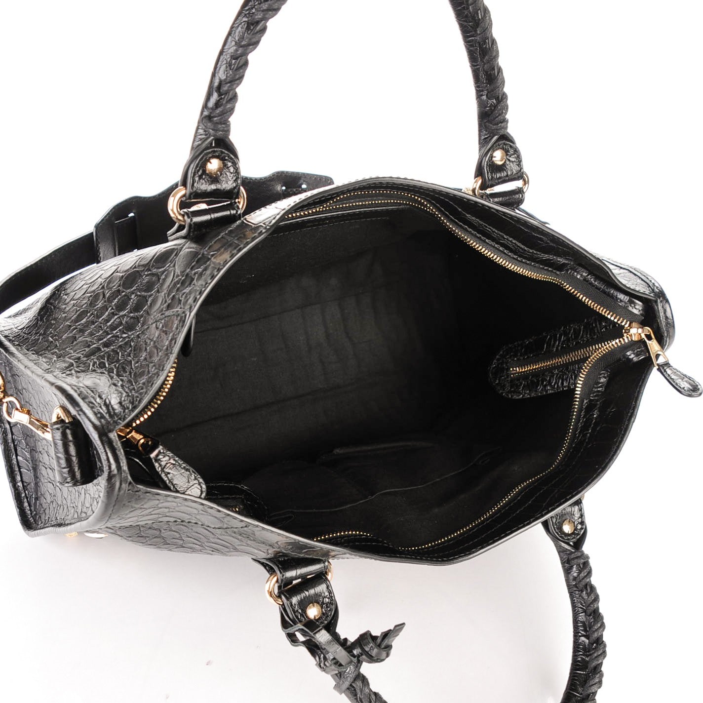 Calfskin Crocodile Embossed Giant 12 Gold Hardware City Black