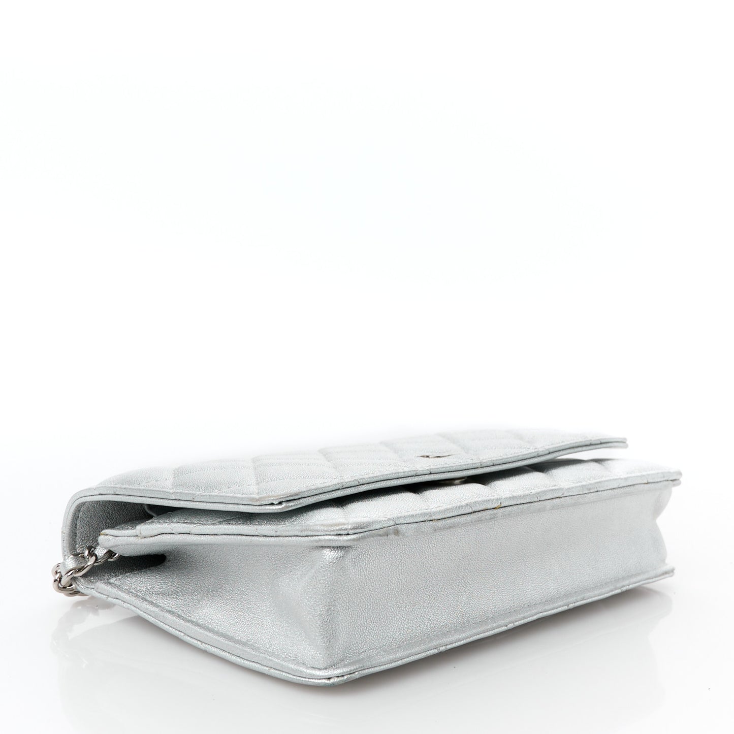 Metallic Lambskin Quilted Wallet On Chain WOC Silver