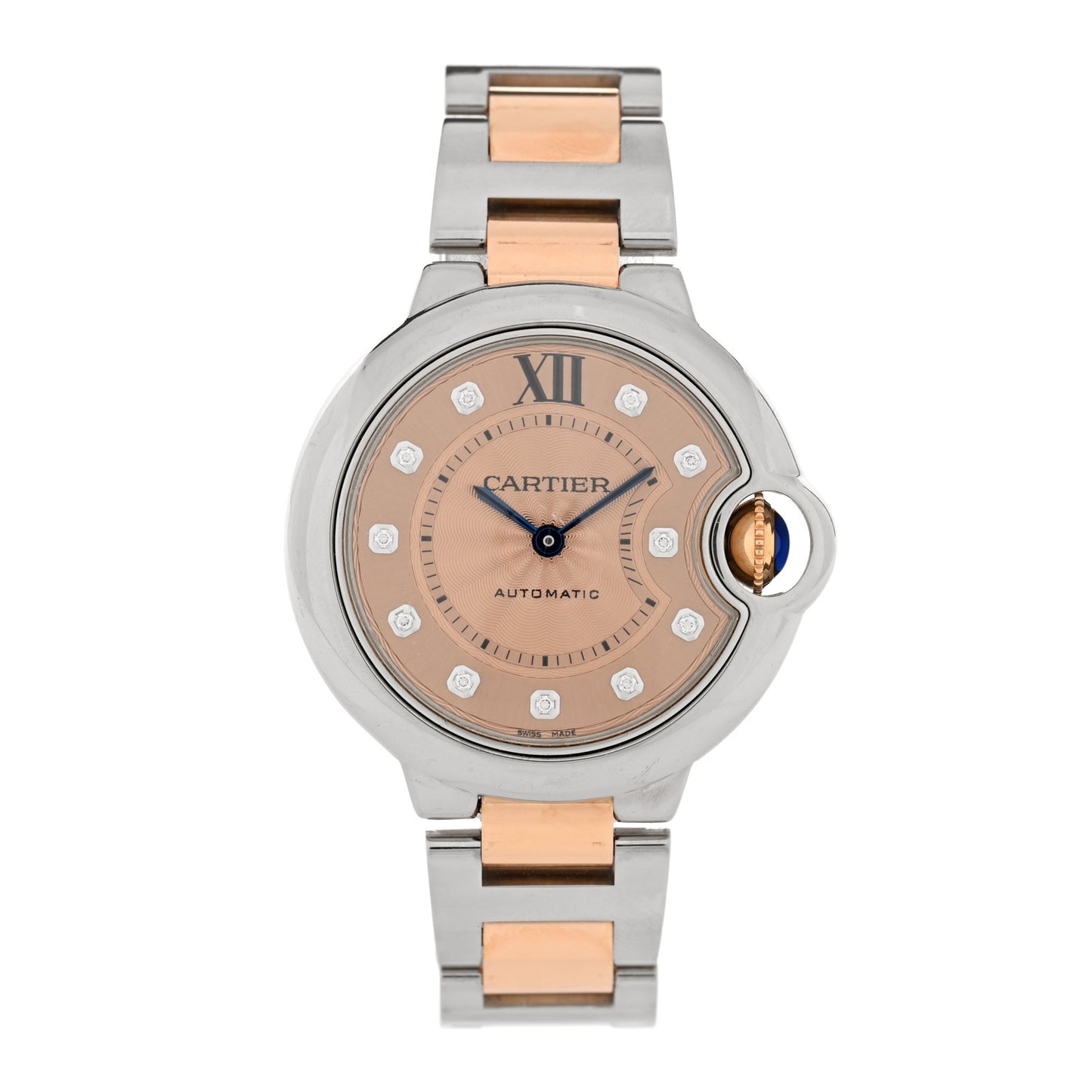 Stainless Steel 18K Pink Gold Diamond 33mm Ballon Bleu De Cartier Automatic Watch Champagne