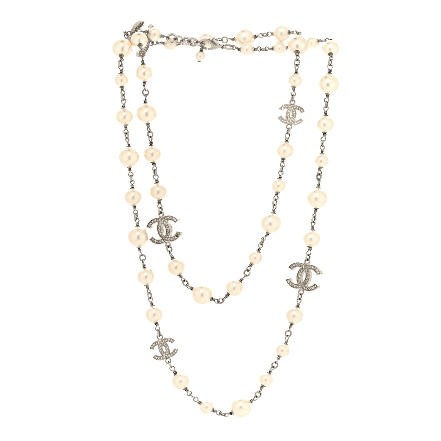 Graduated Pearl Crystal CC Long Necklace Silver