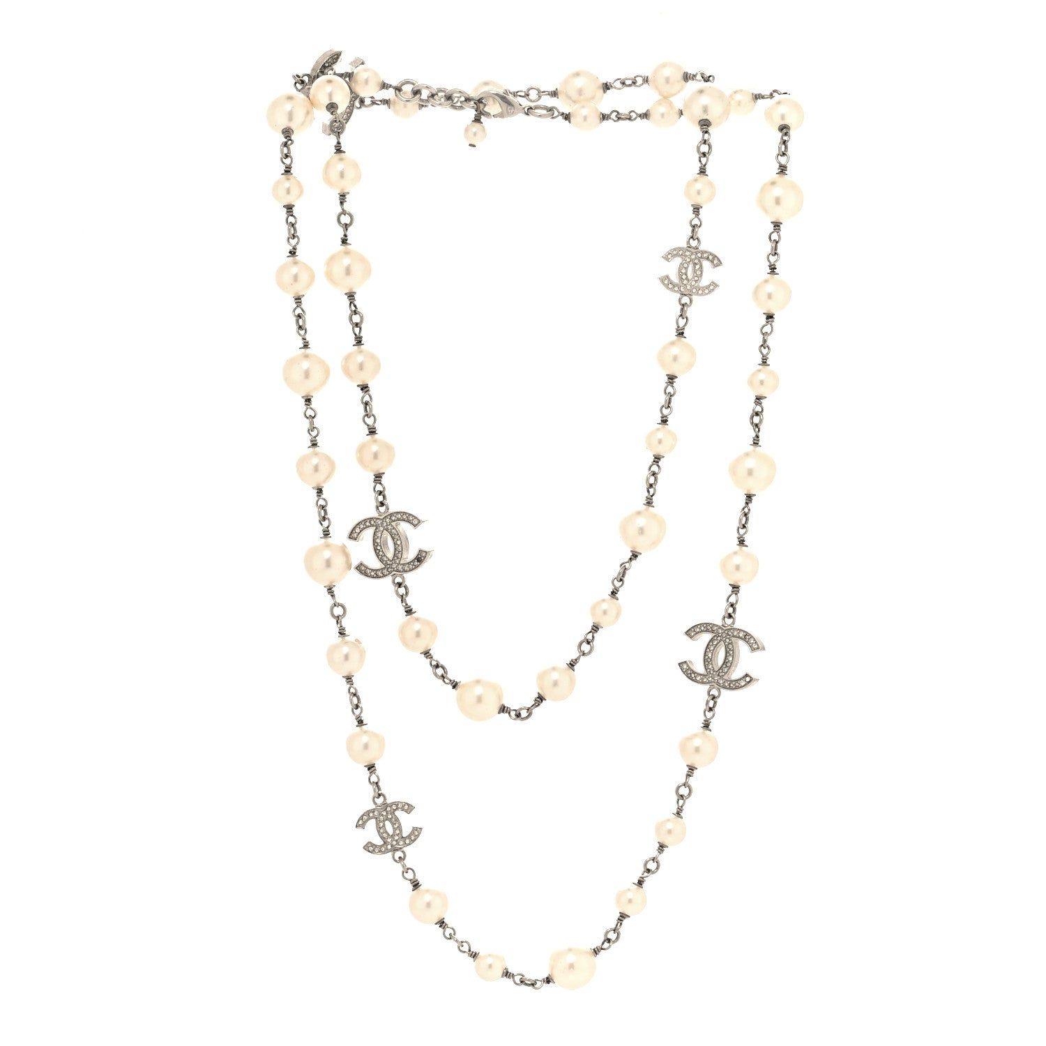 Chanel Graduated Pearl Crystal CC Long Necklace Silver 3 of 5
