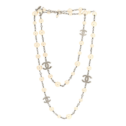 Chanel Graduated Pearl Crystal CC Long Necklace Silver 3 of 5