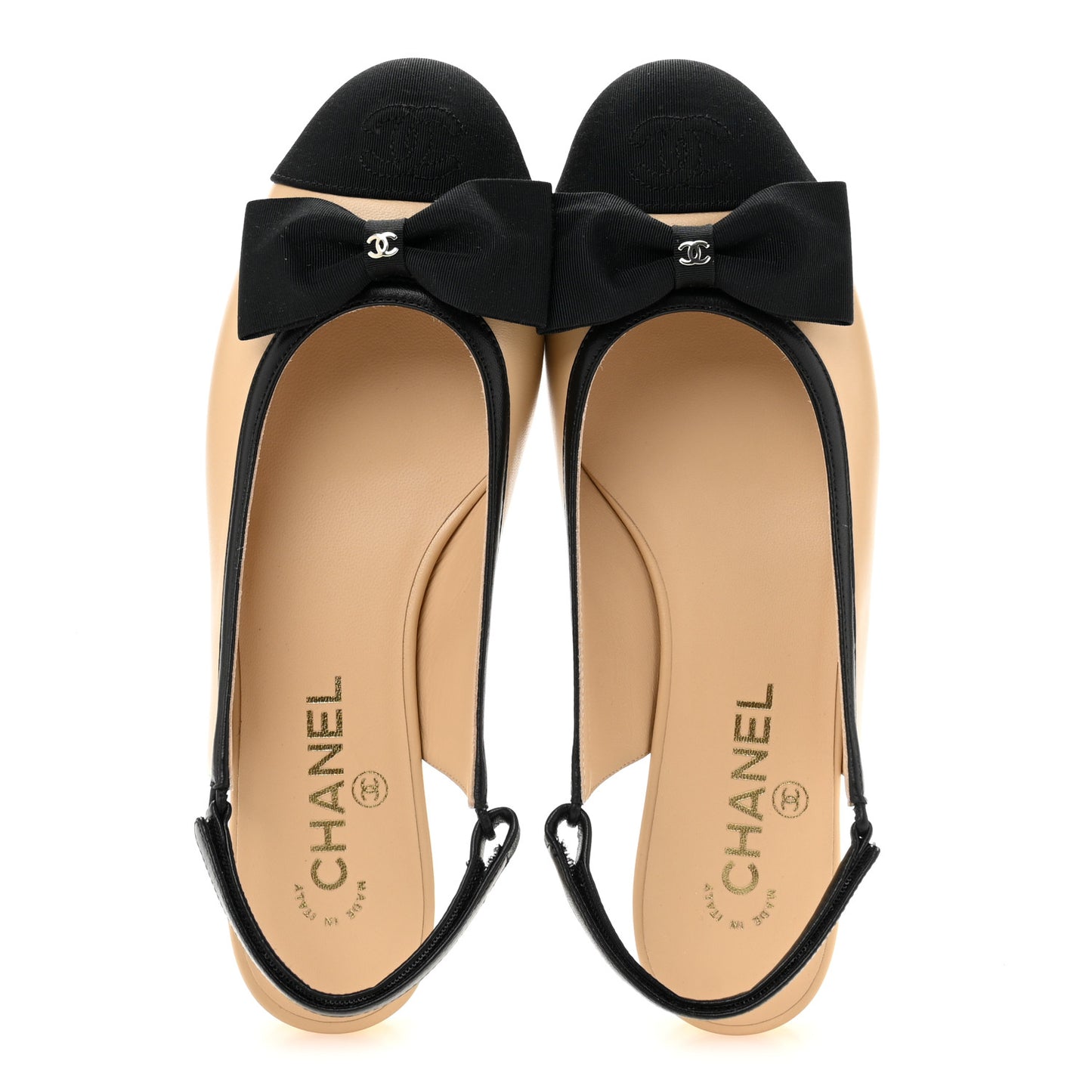 Lambskin Grosgrain Bow Cap Toe CC Slingback Flats 38.5 Beige Black