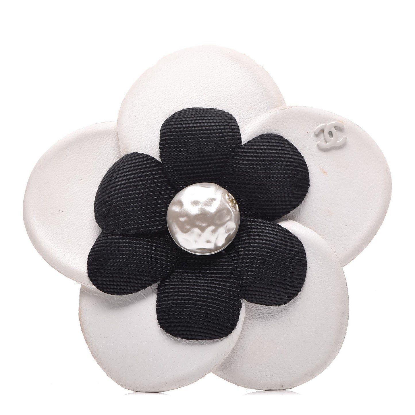 Lambskin Grosgrain Camellia Brooch Black White