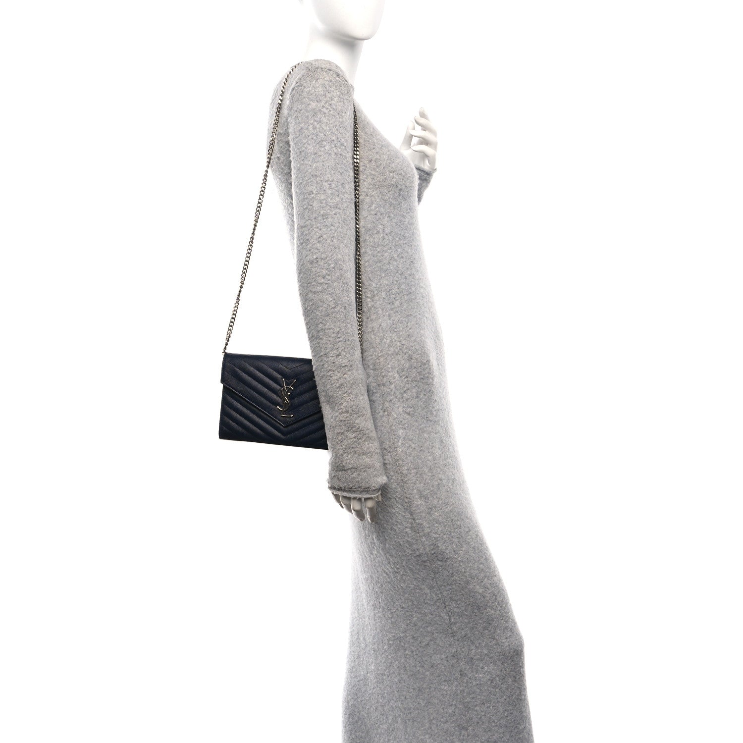 Saint Laurent Grain De Poudre Matelasse Chevron Monogram Chain Wallet Deep Marine 2 of 9