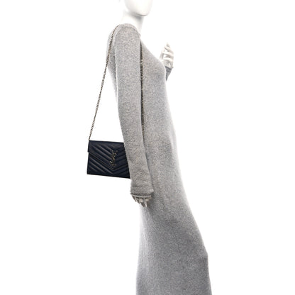 Saint Laurent Grain De Poudre Matelasse Chevron Monogram Chain Wallet Deep Marine 2 of 9