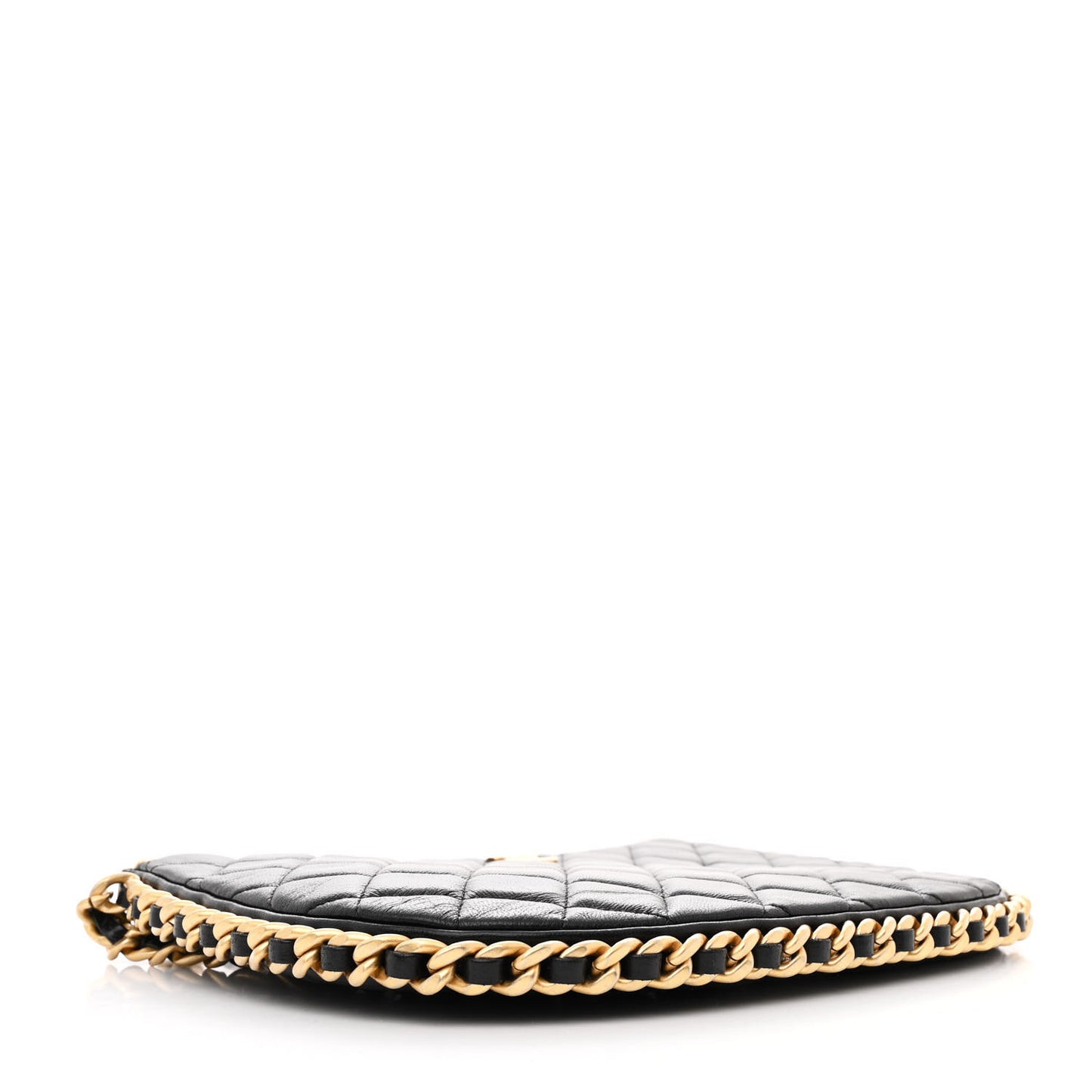 Shiny Crumpled Lambskin Quilted Large Trendy Chain Around Hobo Black