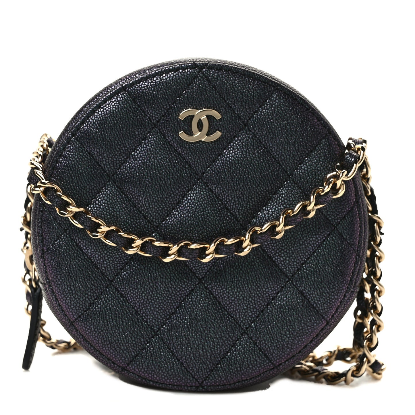 Iridescent Caviar Quilted Round Clutch With Chain Black