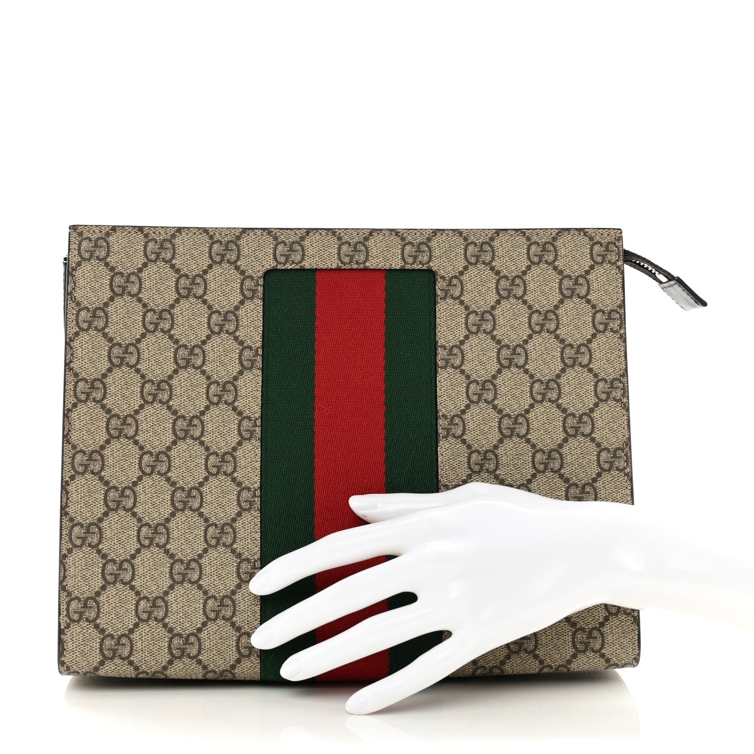 Gucci GG Supreme Monogram Selleria Calfskin Web New Web Cosmetic Case Beige Ebony Cocoa 2 of 7