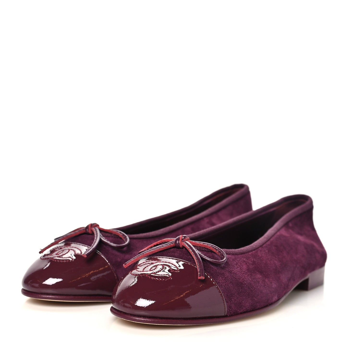 Suede Patent Calfskin Cap Toe CC Ballerina Flats 37 Burgundy
