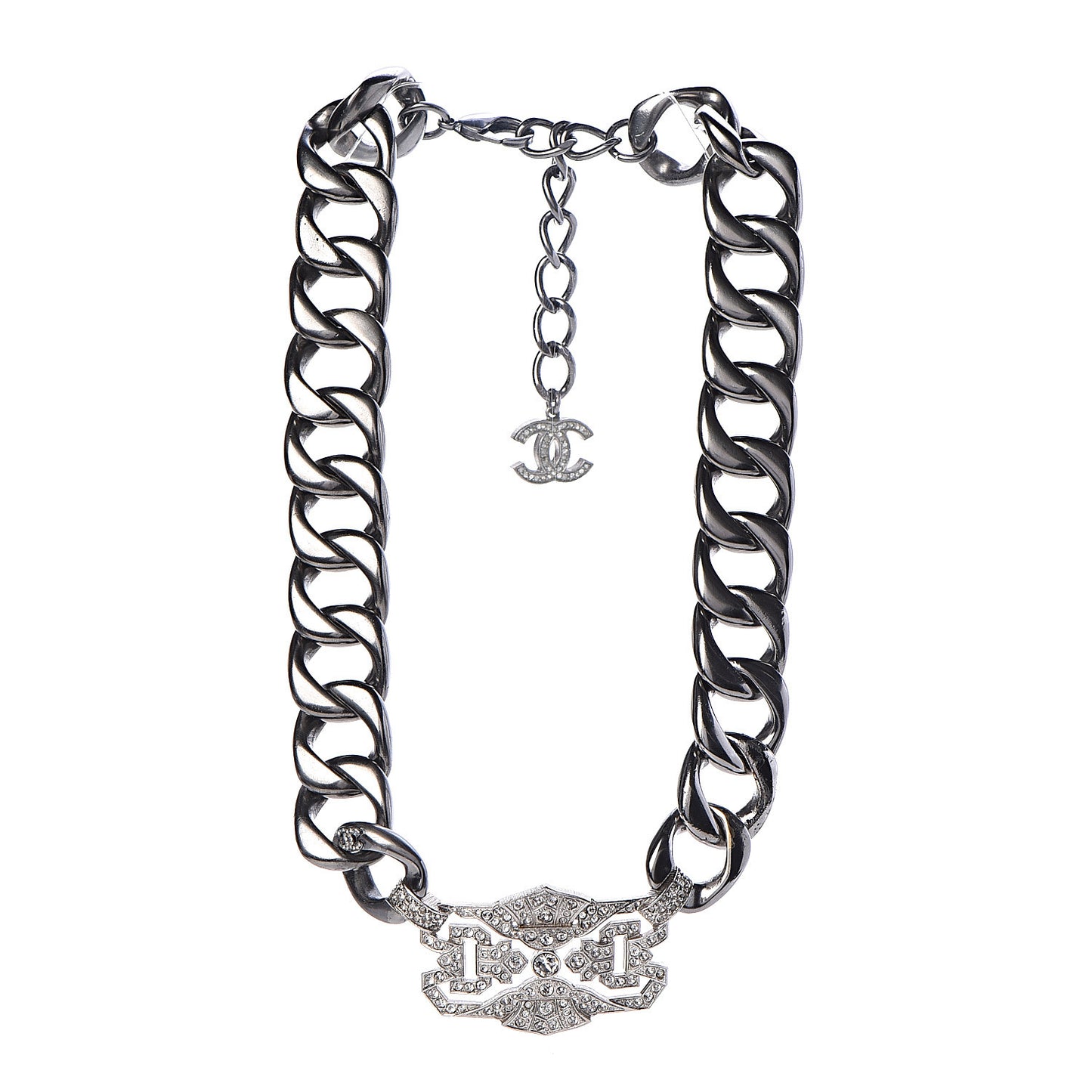 Crystal CC Chain Link Choker Necklace Dark Silver