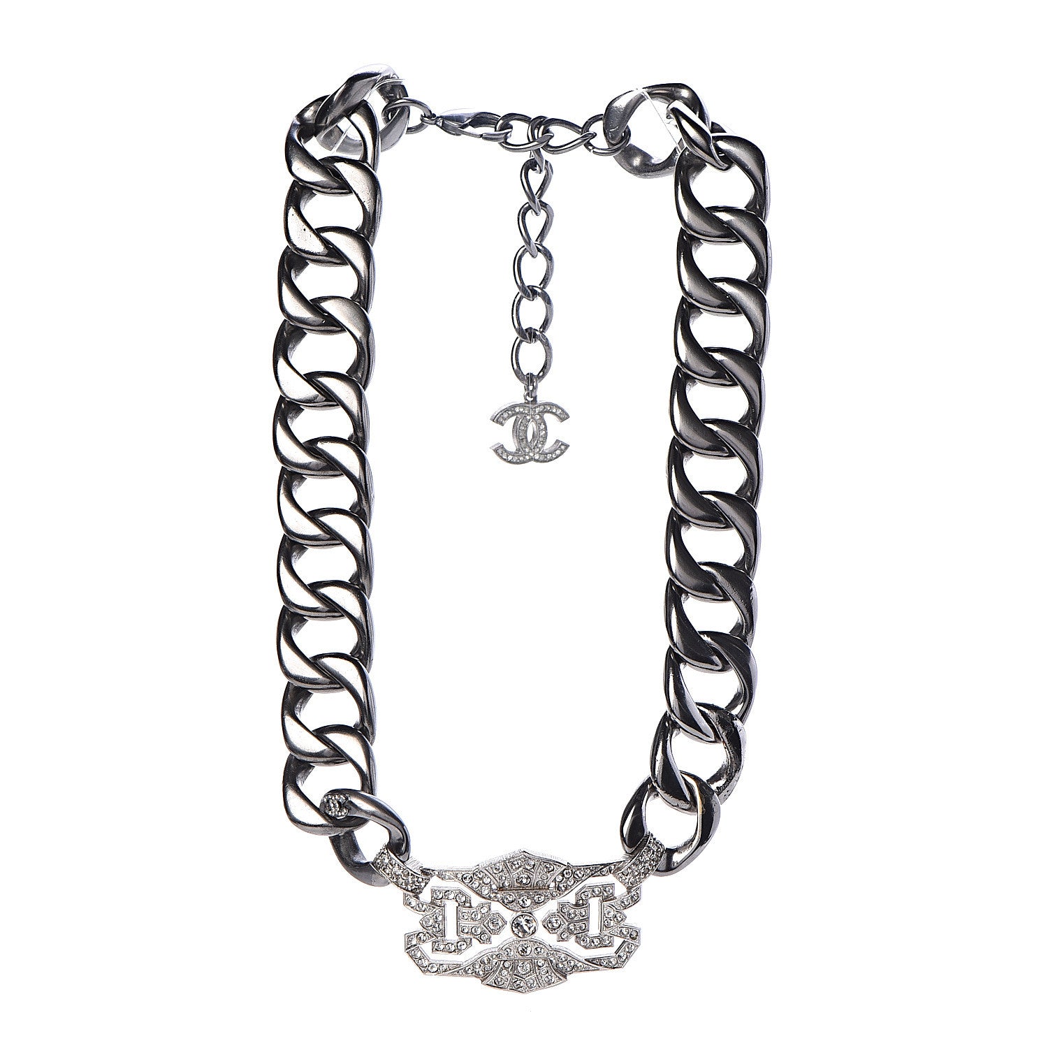 Chanel Crystal CC Chain Link Choker Necklace Dark Silver 3 of 6