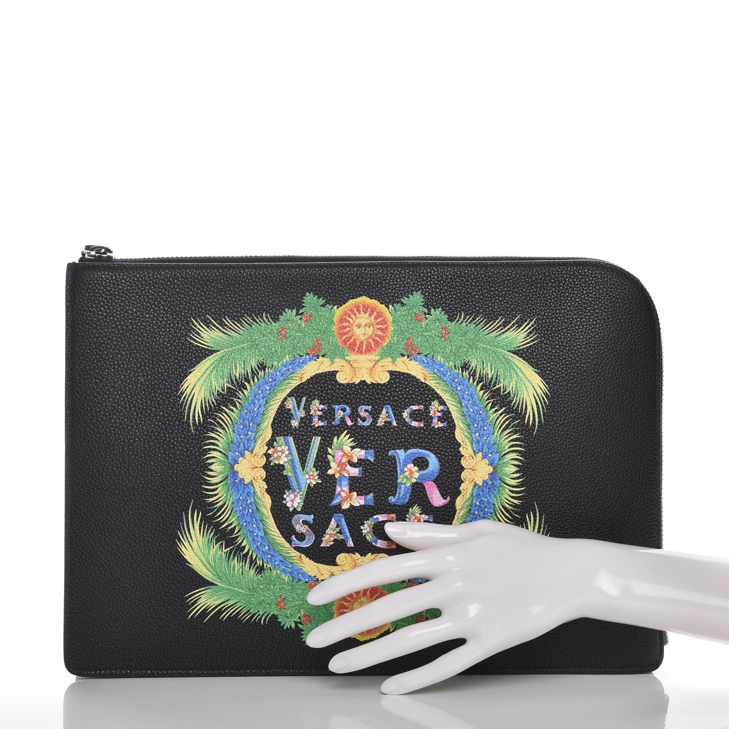 Grained Calfskin Beverly Palm Print Zip Organizer Black