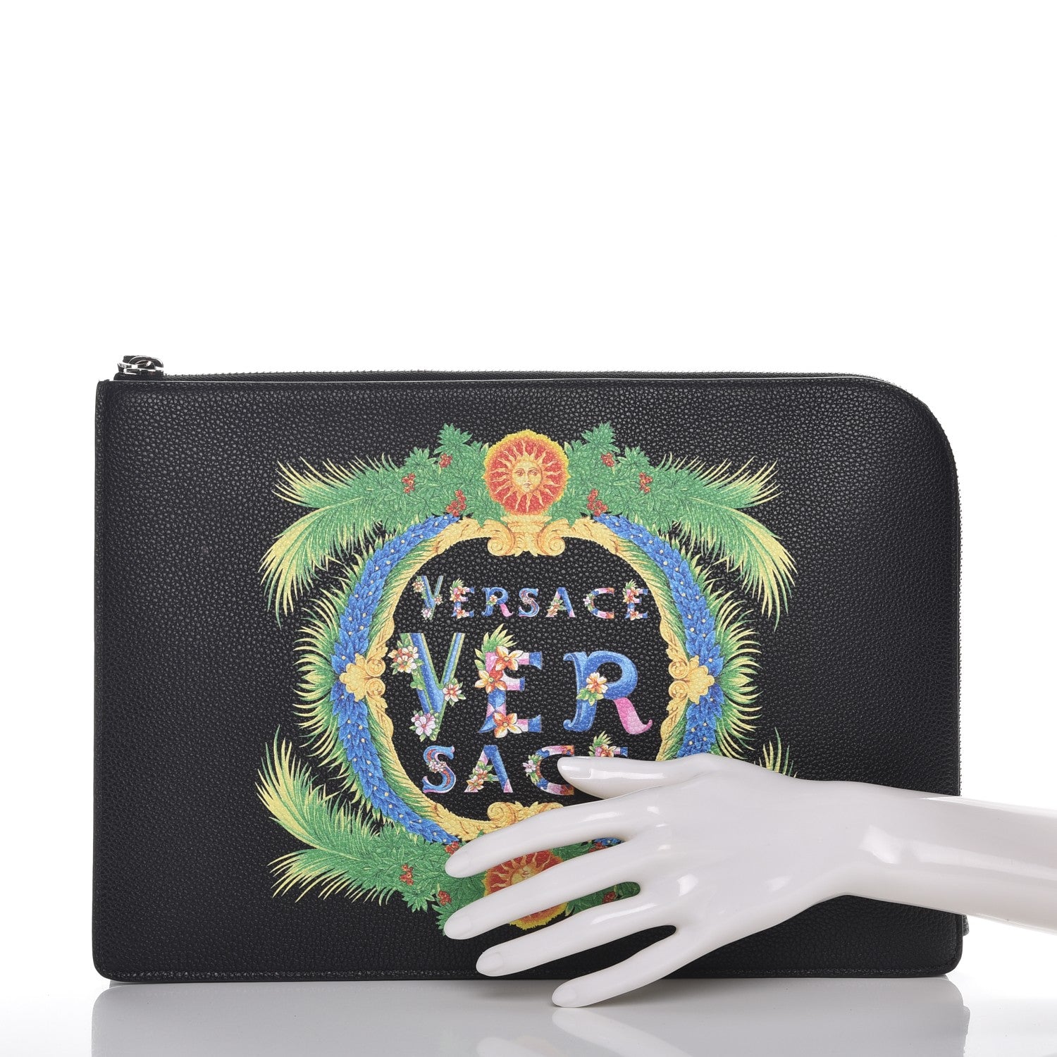 Versace Grained Calfskin Beverly Palm Print Zip Organizer Black 3 of 7