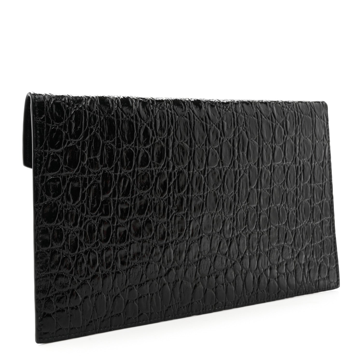 Saint Laurent Calfskin Crocodile Embossed Uptown Monogram Clutch Black 3 of 7
