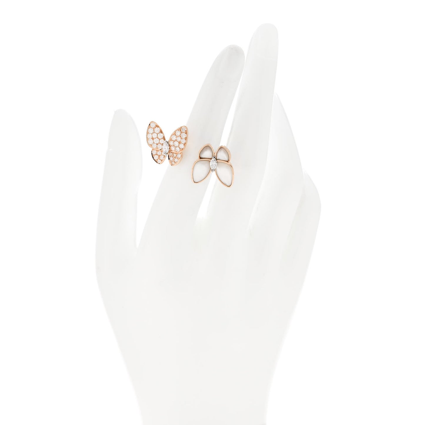 18K Rose Gold Diamond Mother of Pearl Two Butterfly Between The Finger Ring 50 5.25