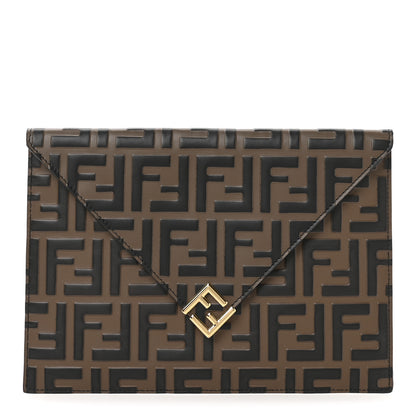Fendi Vitello Ceylon Bi-Color FF 1974 Embossed FF Diamonds Flat Envelope Pouch Maya Black 1 of 8