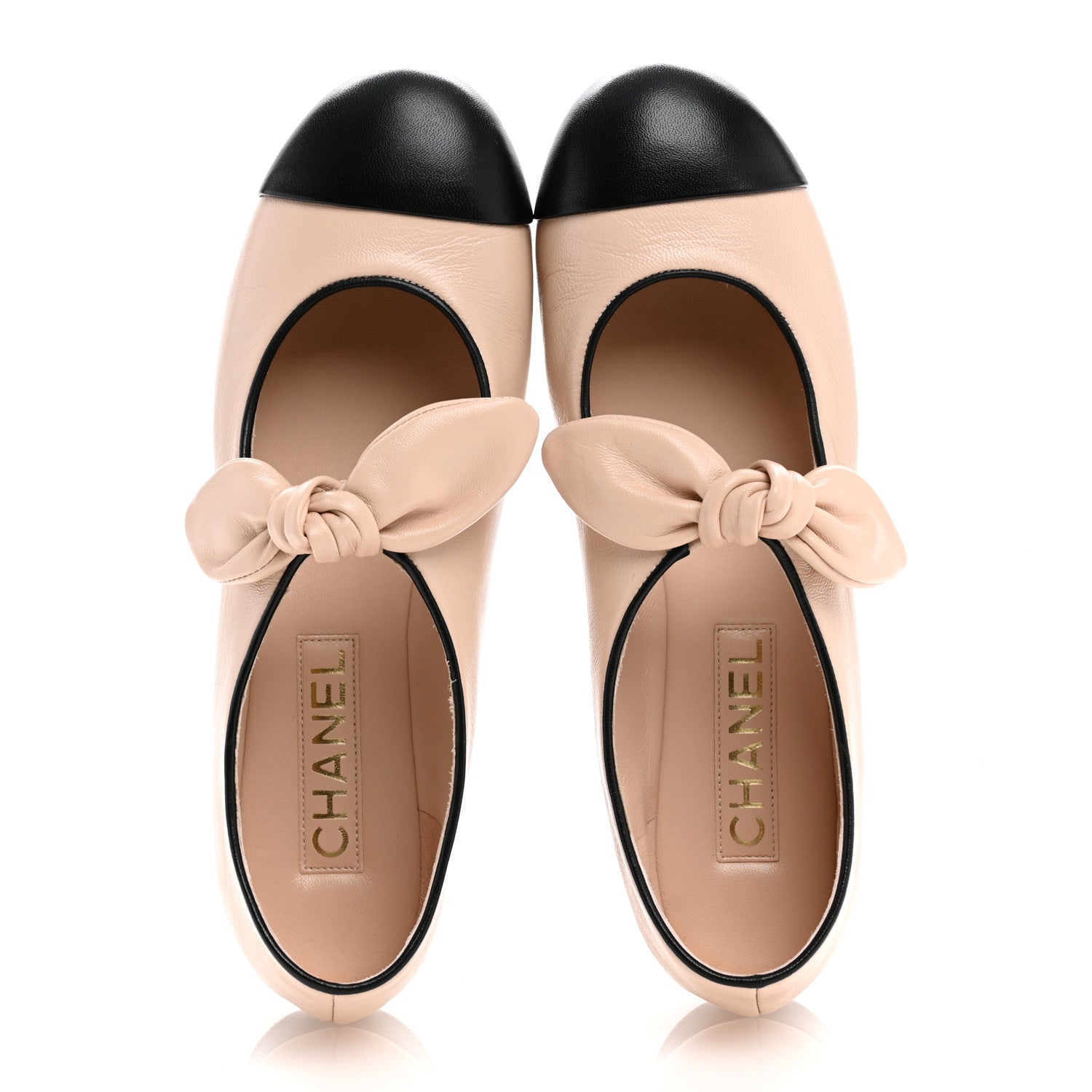 Chanel Lambskin Bow Mary Jane Flats 38 Beige Black 2 of 10