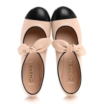 Chanel Lambskin Bow Mary Jane Flats 38 Beige Black 2 of 10