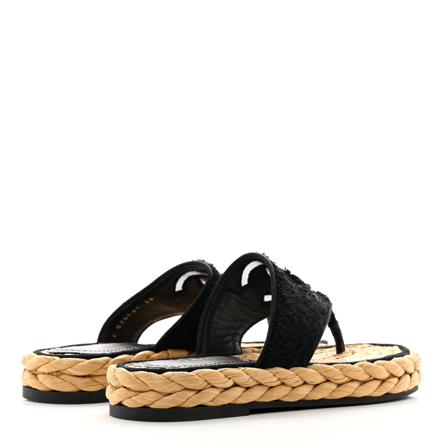 Terry Cloth Raffia CC Logo Thong Sandals 36 Black