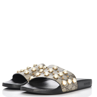 Gucci GG Supreme Monogram Pearls Slide Sandals 40 Beige 3 of 10