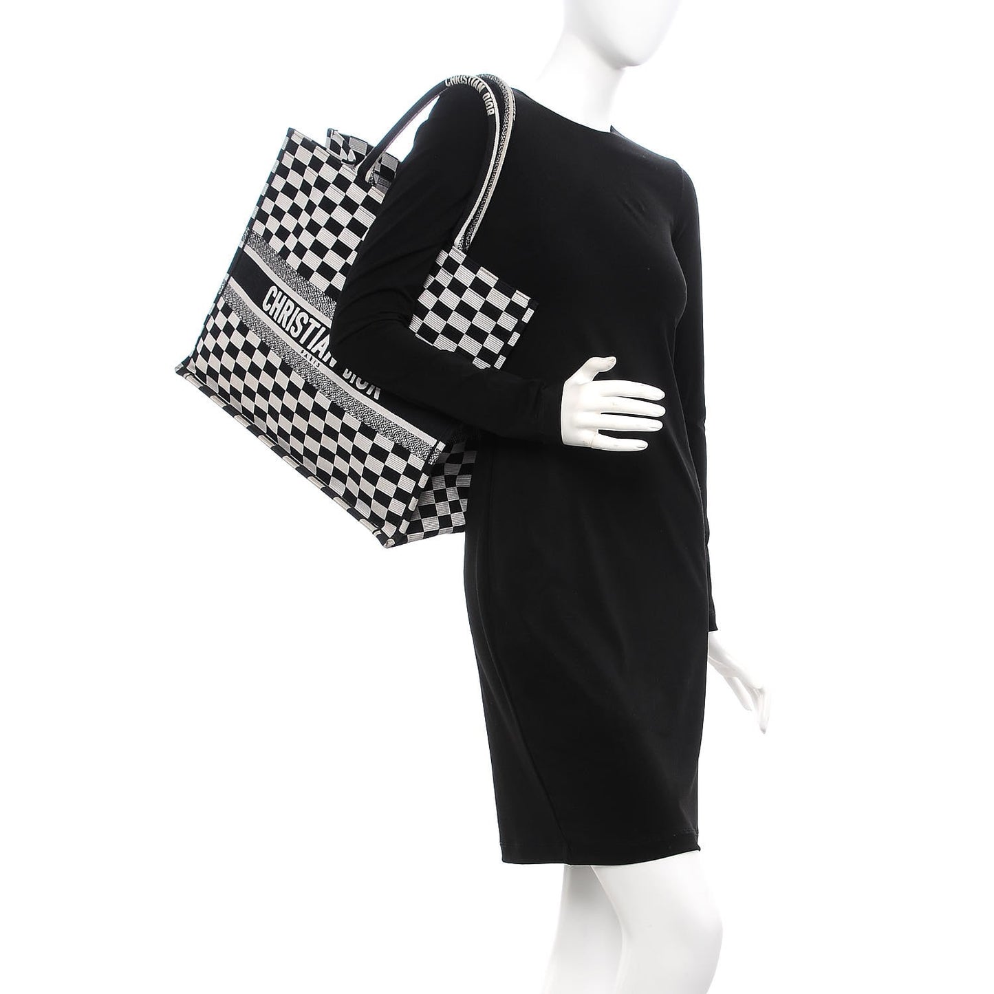 Canvas Embroidered Checkered Book Tote Black White