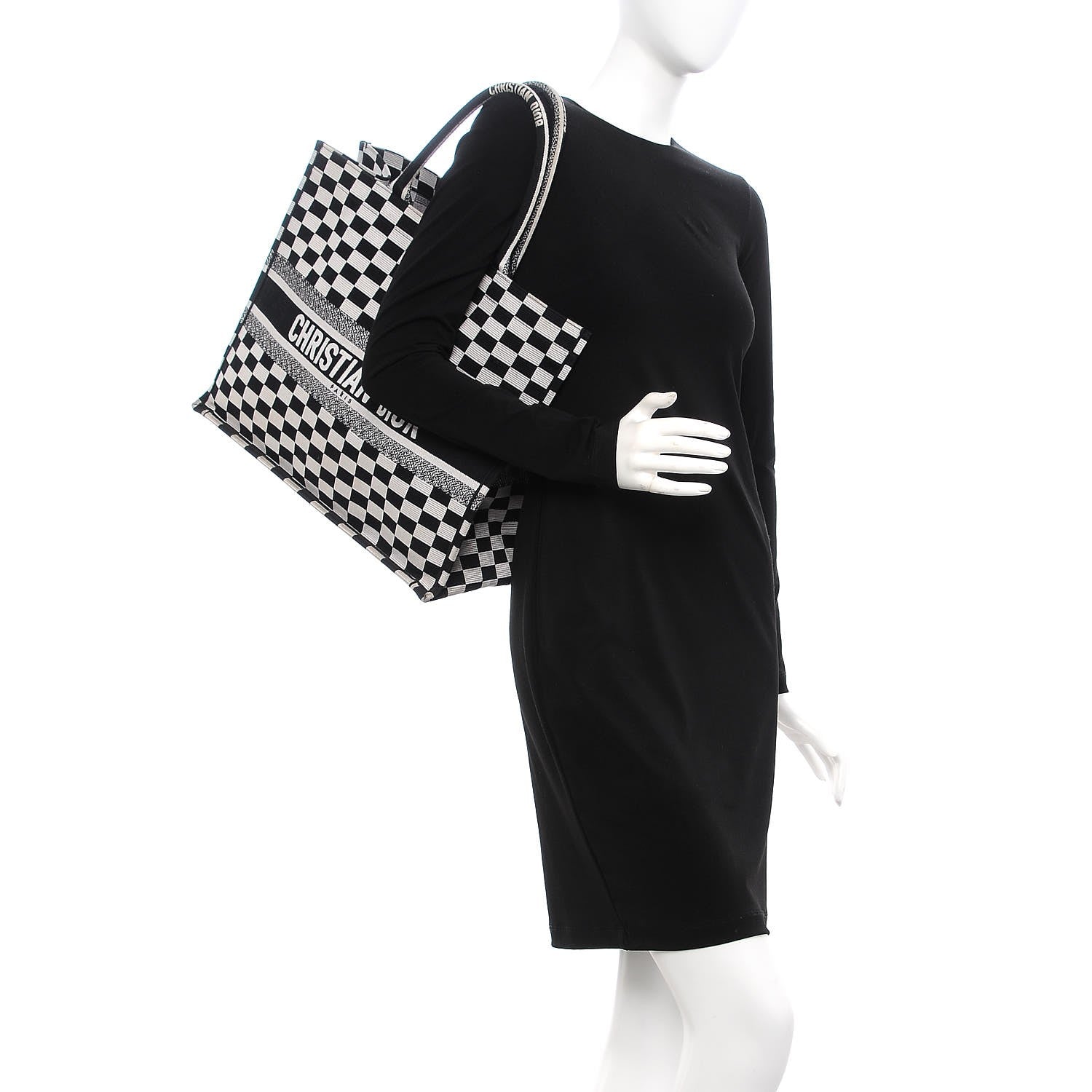Christian Dior Canvas Embroidered Checkered Book Tote Black White 2 of 12
