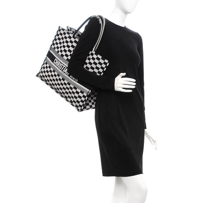 Christian Dior Canvas Embroidered Checkered Book Tote Black White 2 of 12