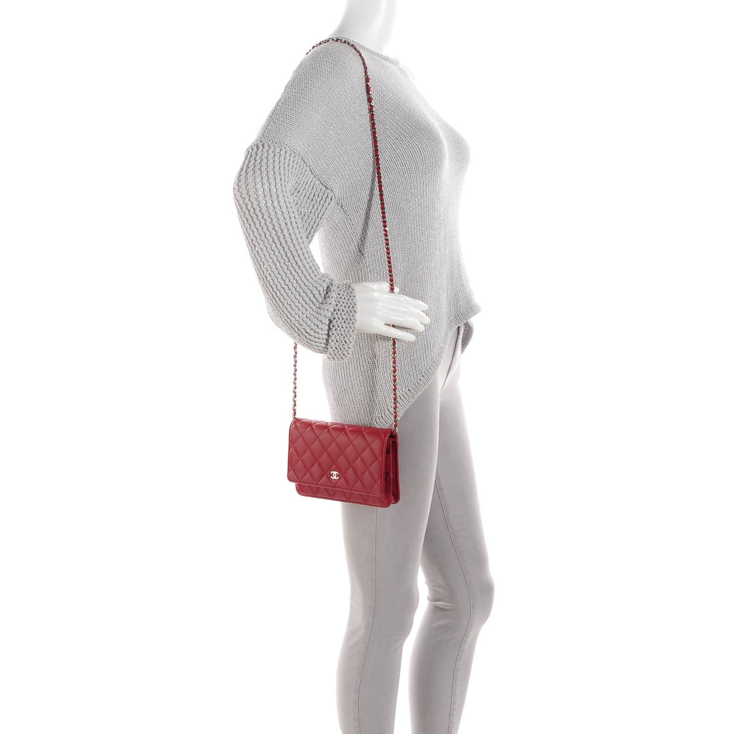 Chanel Lambskin Quilted Wallet On Chain WOC Red 2 of 8