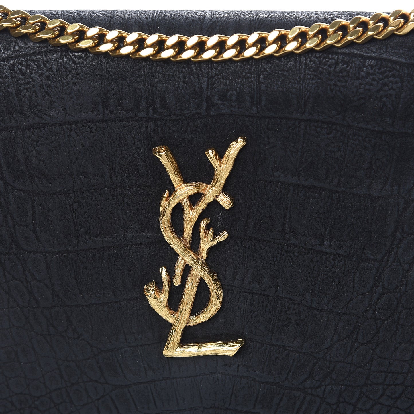 Crocodile Embossed Nubuck Monogram Chain Wallet in Black