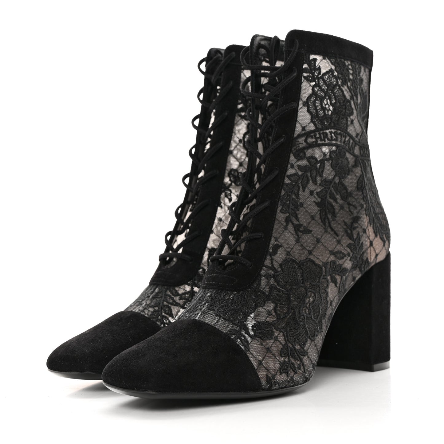 Suede Transparent Mesh Embroidered Roses Naughtily-D Heeled Lace Up Ankle Boots 39 Black