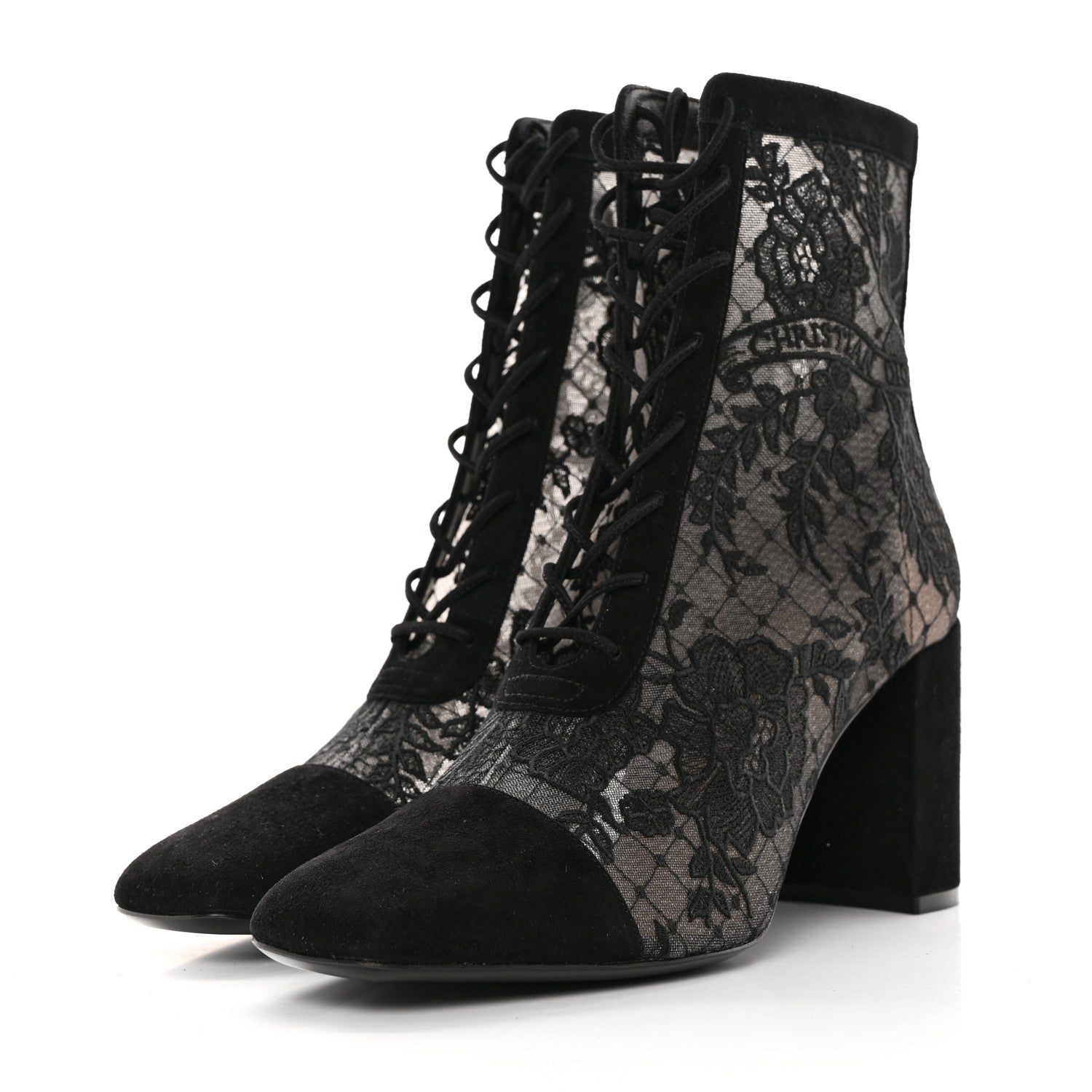 Christian Dior Suede Transparent Mesh Embroidered Roses Naughtily-D Heeled Lace Up Ankle Boots 39 Black 3 of 10