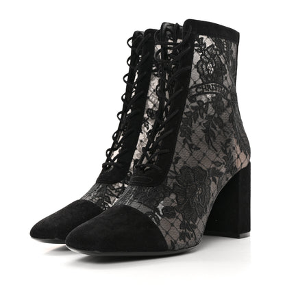 Christian Dior Suede Transparent Mesh Embroidered Roses Naughtily-D Heeled Lace Up Ankle Boots 39 Black 3 of 10