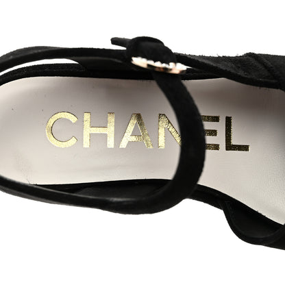 Chanel Suede Calfskin Peep Toe Wedge Sandals 37 Black 6 of 8
