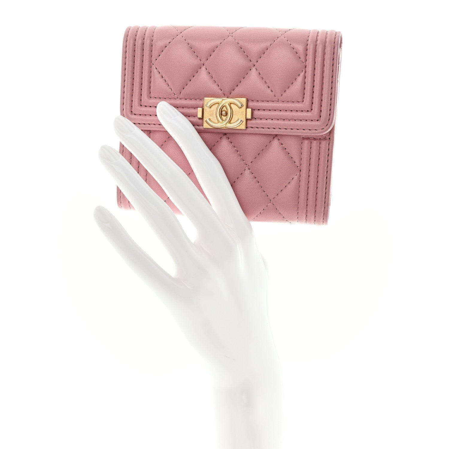 Chanel Metallic Lambskin Quilted Compact Boy Wallet Pink 2 of 12