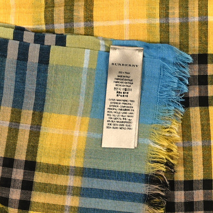 Burberry Wool Silk Gauze Check Scarf  Yellow Blue 4 of 4
