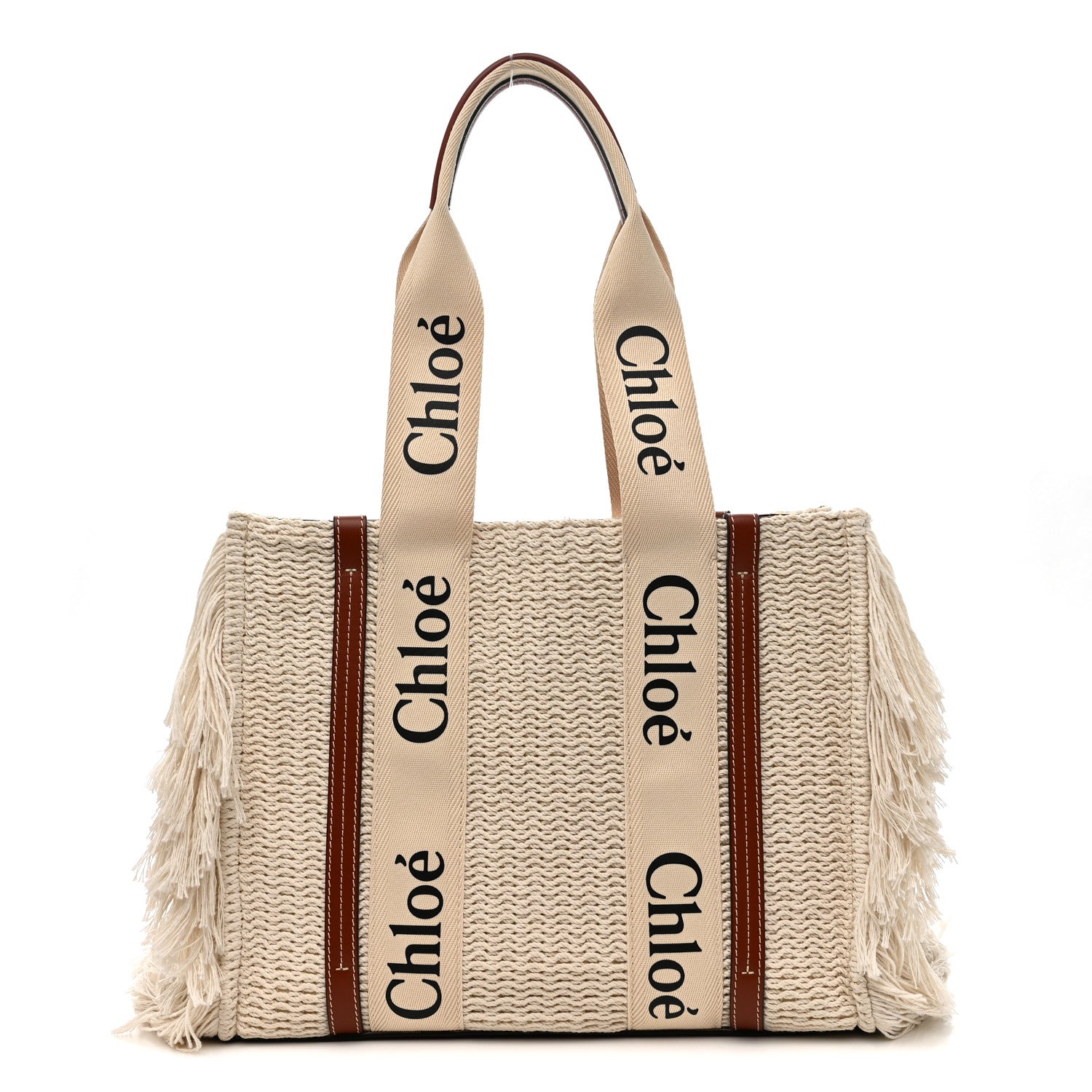 Chloe Cotton Calfskin Medium Woody Ribbon Fringe Tote Sepia Brown 1 of 10